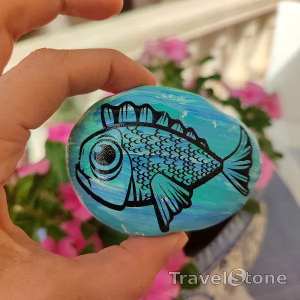 Painted painting stone by artist CJ showing animals. TravelStone in Javea, Spain
