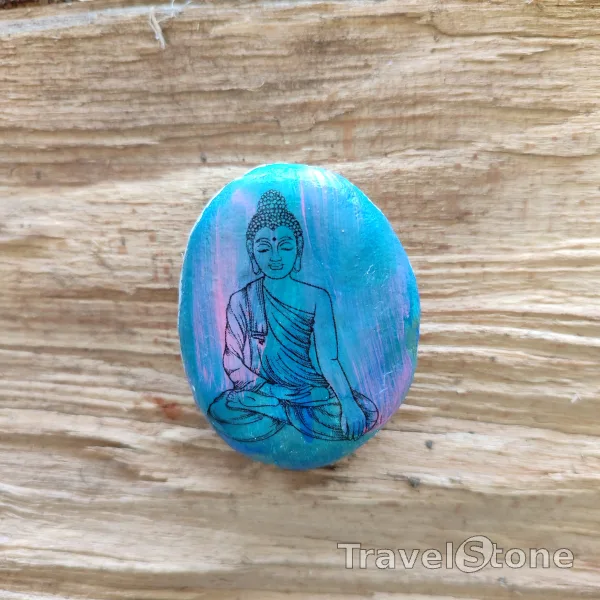 Painted painting stone by artist CJ showing comic. One more Buddha Travelstone