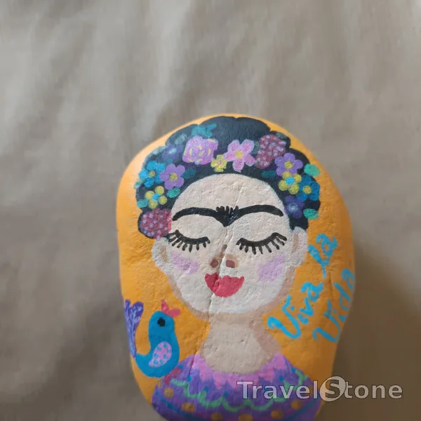 Painted painting stone by artist nad_doodles showing people. Viva la Vida - Frida 2