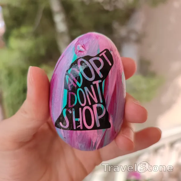 Painted painting stone by artist CJ showing animals. Adopt don't shop! APASA Javea