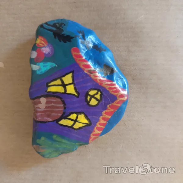 Painted painting stone by artist nad_doodles showing landscape. Hexenhaus