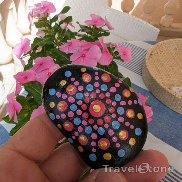 Painted dotting stone by artist LaLiLu showing pattern. Mandala