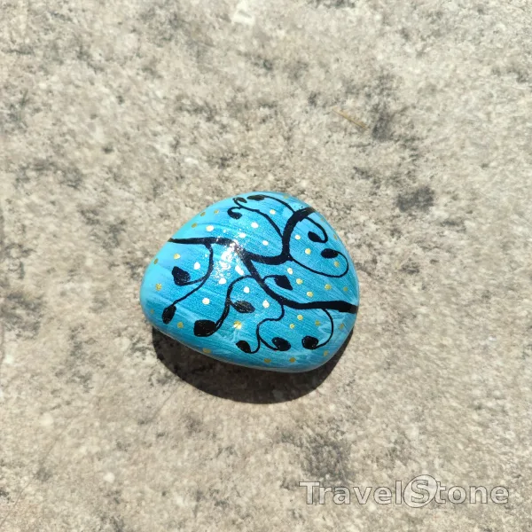 Painted painting stone by artist 007 showing pattern. Blue and black travelStone