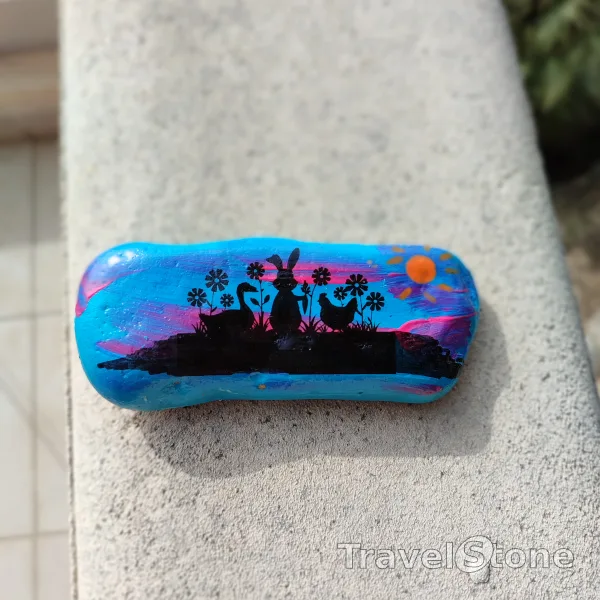 Painted painting stone by artist CJ showing animals. Bunny TravelStone