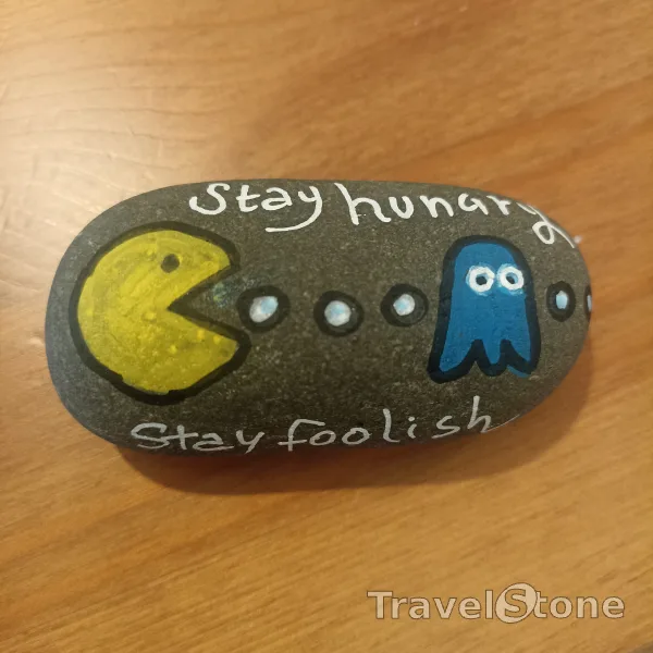 Painted painting stone by artist comfortinstones showing comic. Stay hungry, stay foolish Pacman