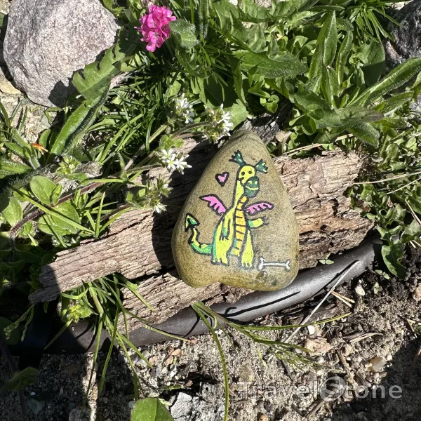 Painted painting stone by artist Birthe_Lucky_Stone showing fantasy. I roar and I grumble, a beast full of might— But hug me too tight, and I’ll purr with delight Good and safe travels, cutie