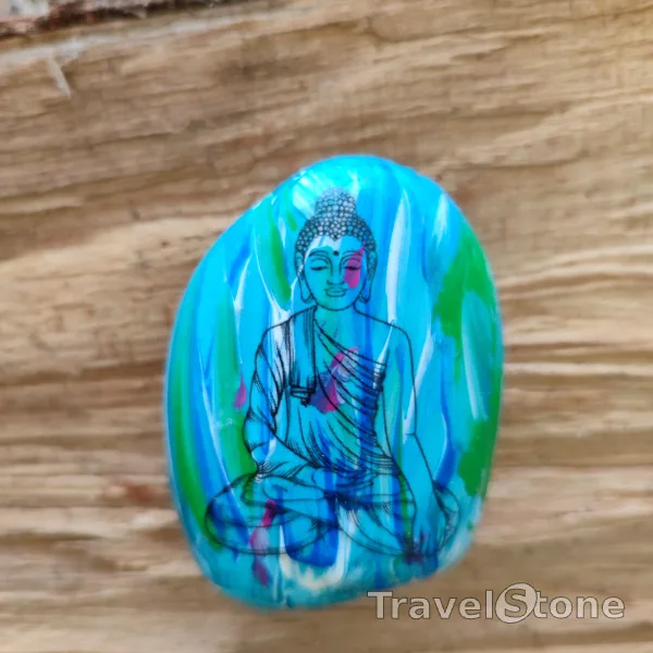 Painted painting stone by artist CJ showing fantasy. Buddha painted travelstone