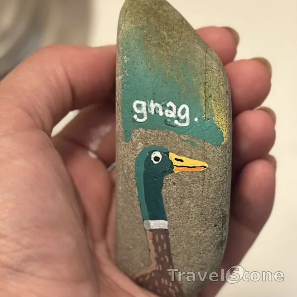 Painted painting stone by artist Birthe_Lucky_Stone showing animals. Gnag. If you find me, I bring lug… ummm … luck