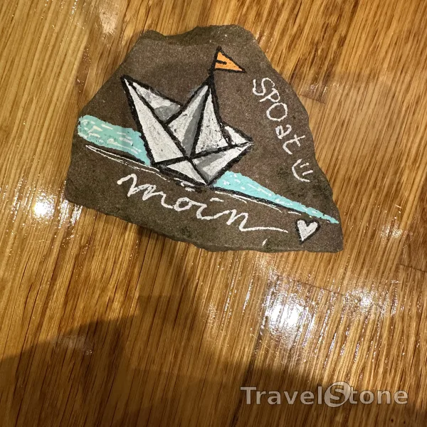 Painted painting stone by artist Birthe_Lucky_Stone showing other. Good and safe travel little boat from SPO (Sankt Peter-Ording). Where will you go Next?