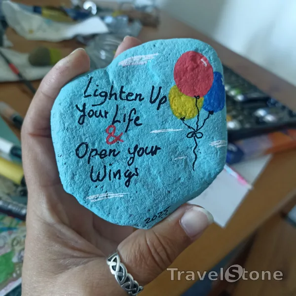 Painted painting stone by artist comfortinstones showing sayings. Lighten up your life