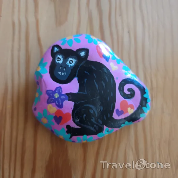 Painted painting stone by artist nad_doodles showing animals. Lemur