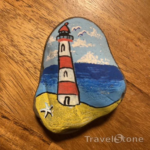 Painted painting stone by artist Kaya showing landscape. This stone is from Denmark, and I’ve painted GRISETÅODDEN LIGHTHOUSE This Stone brings sunshine and smiles from Denmark