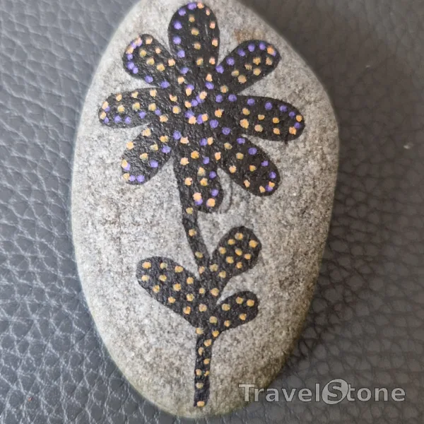 Painted painting stone by artist hgw_stones showing plants. Schwarze Blume mit orange-lilafarbenen Punkten.