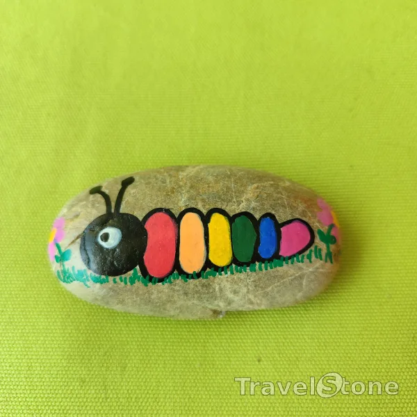 Painted painting stone by artist CJ showing animals. Cute catepillar TravelStone