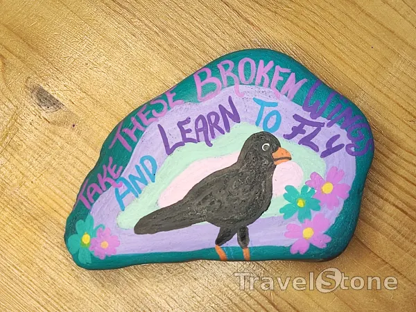 Painted painting stone by artist nad_doodles showing sayings. Black Bird fly ‍
