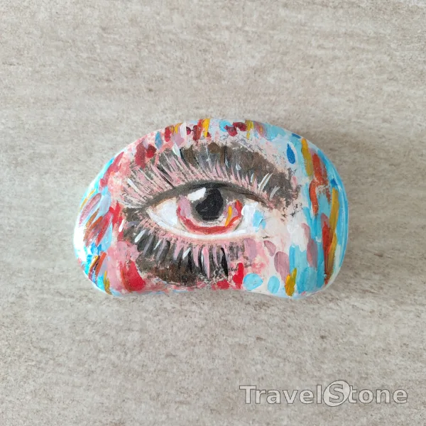 Painted painting stone by artist CJ showing people. Acrylic eye painting