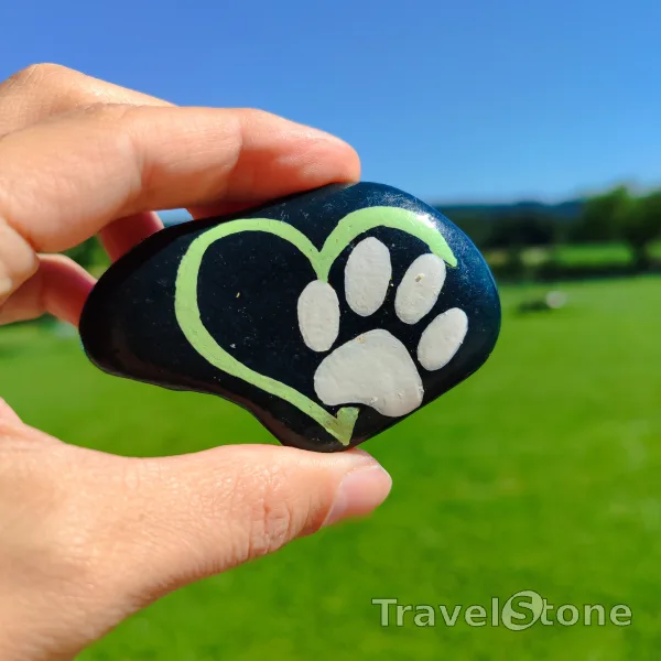 Painted painting stone by artist LaLiLu showing fantasy. Paw Travelstone