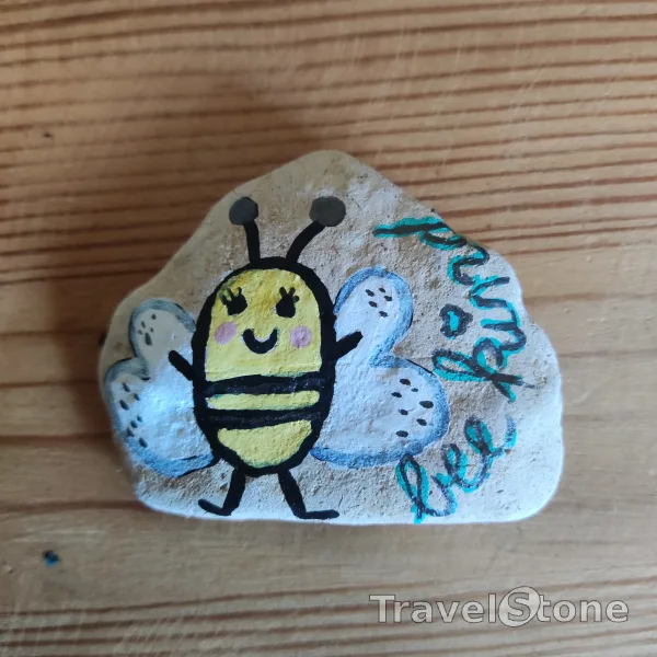Painted painting stone by artist nad_doodles showing animals. Bee kind