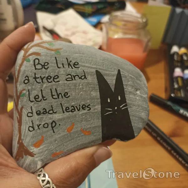 Painted painting stone by artist comfortinstones showing animals. Be like a tree and let the dead leaves drop.