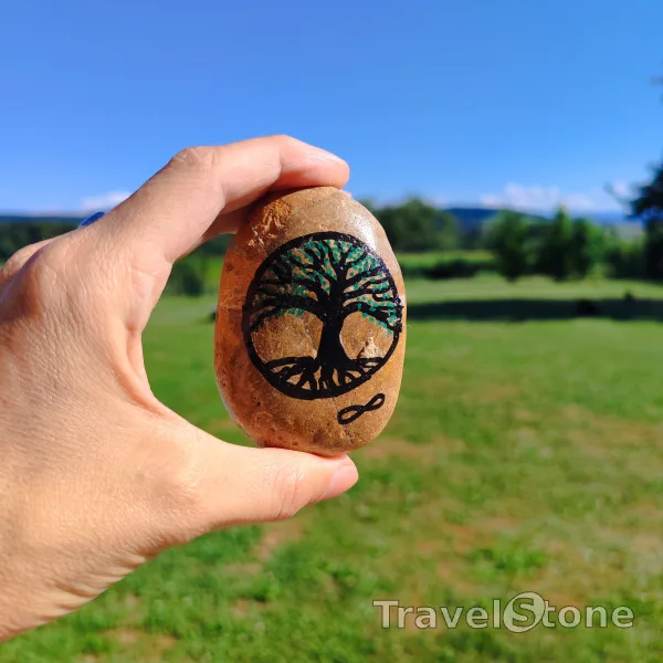Painted painting stone by artist LaLiLu showing plants. Tree TravelStone