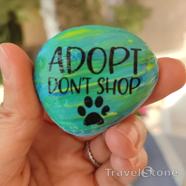 Painted painting stone by artist CJ showing animals. Adopt don't shop. APASA javea