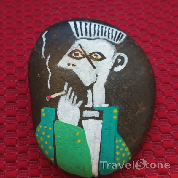 Painted painting stone by artist jocsrocks showing people. Smoking only looks Cool !