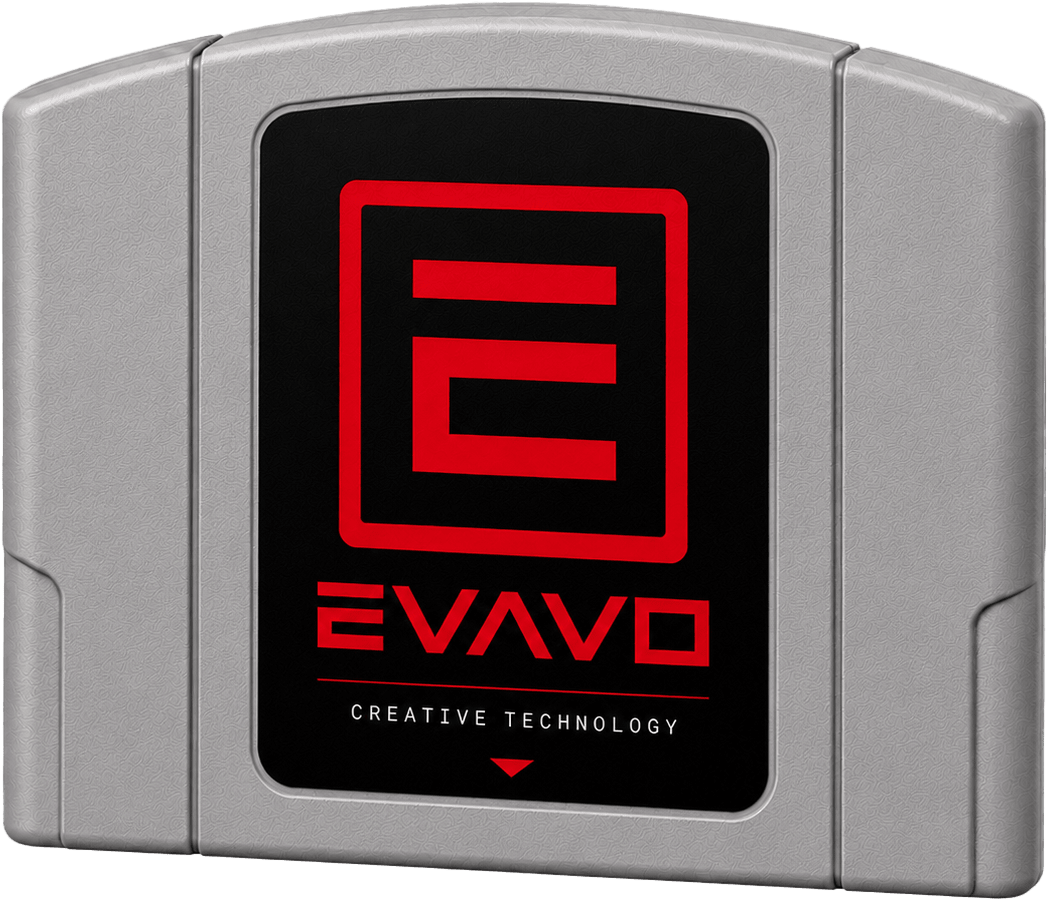 Silver retro game cartridge with the red EVAVO creative technology mark