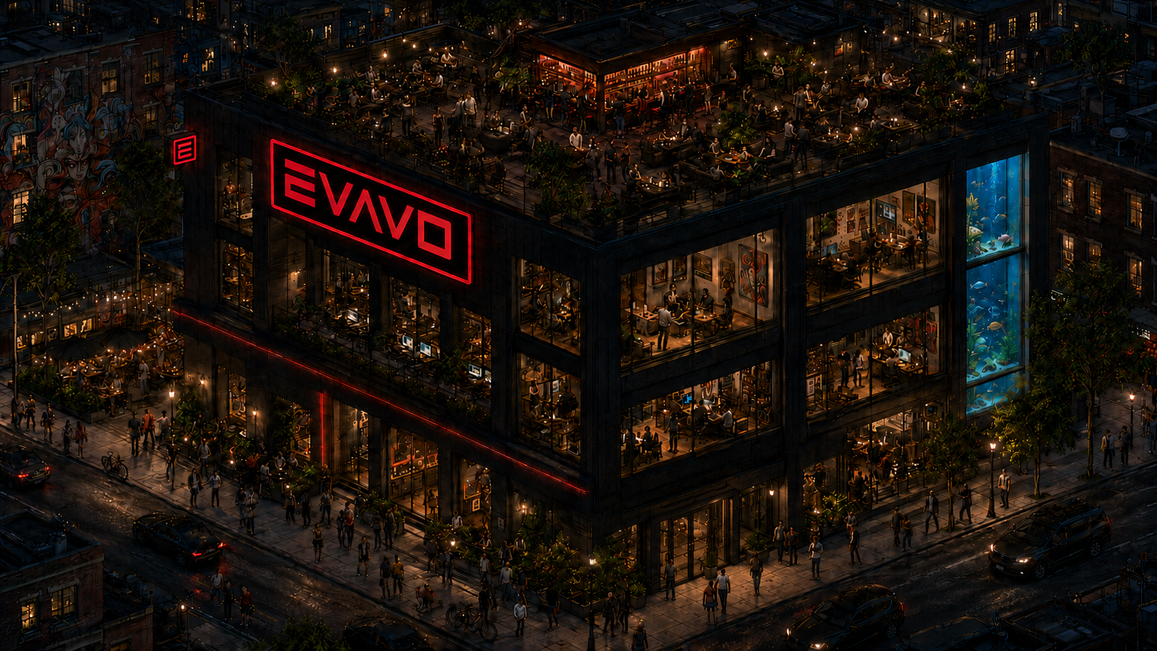 Illustrated EVAVO studio building scene for the Work page