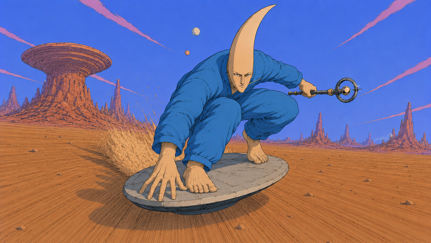 Moon Man AI music video still showing the blue moon faced rider world