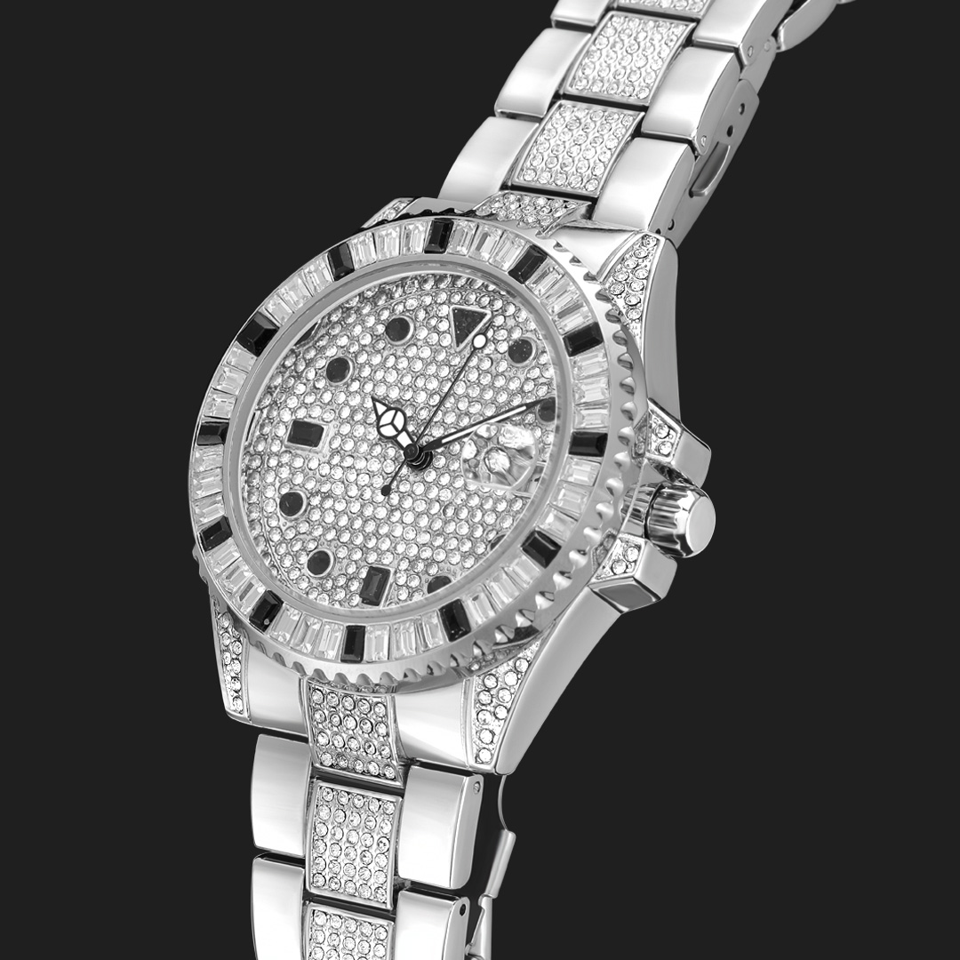 Silver-Tone Iced-Out Bezel Watch