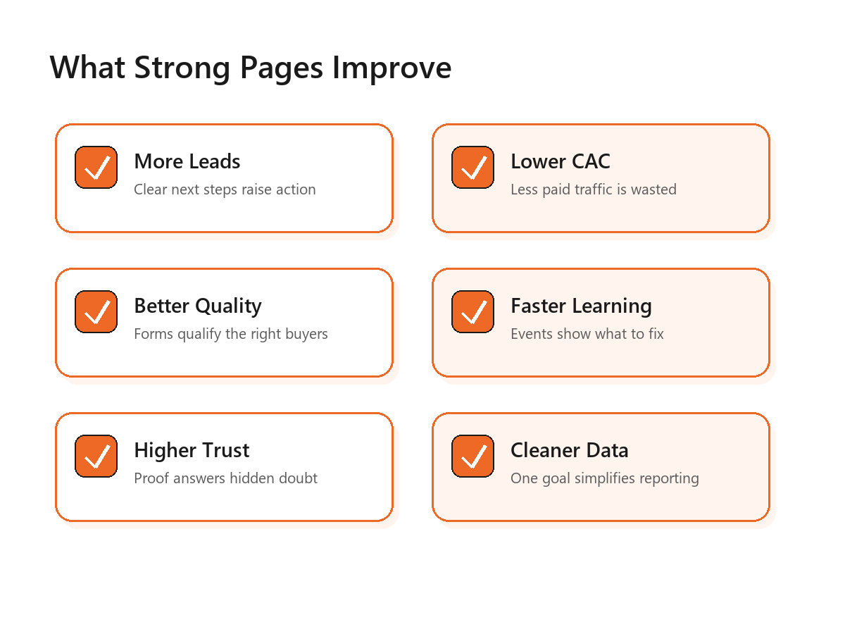 Benefit-card infographic showing business outcomes from a conversion-focused landing page.