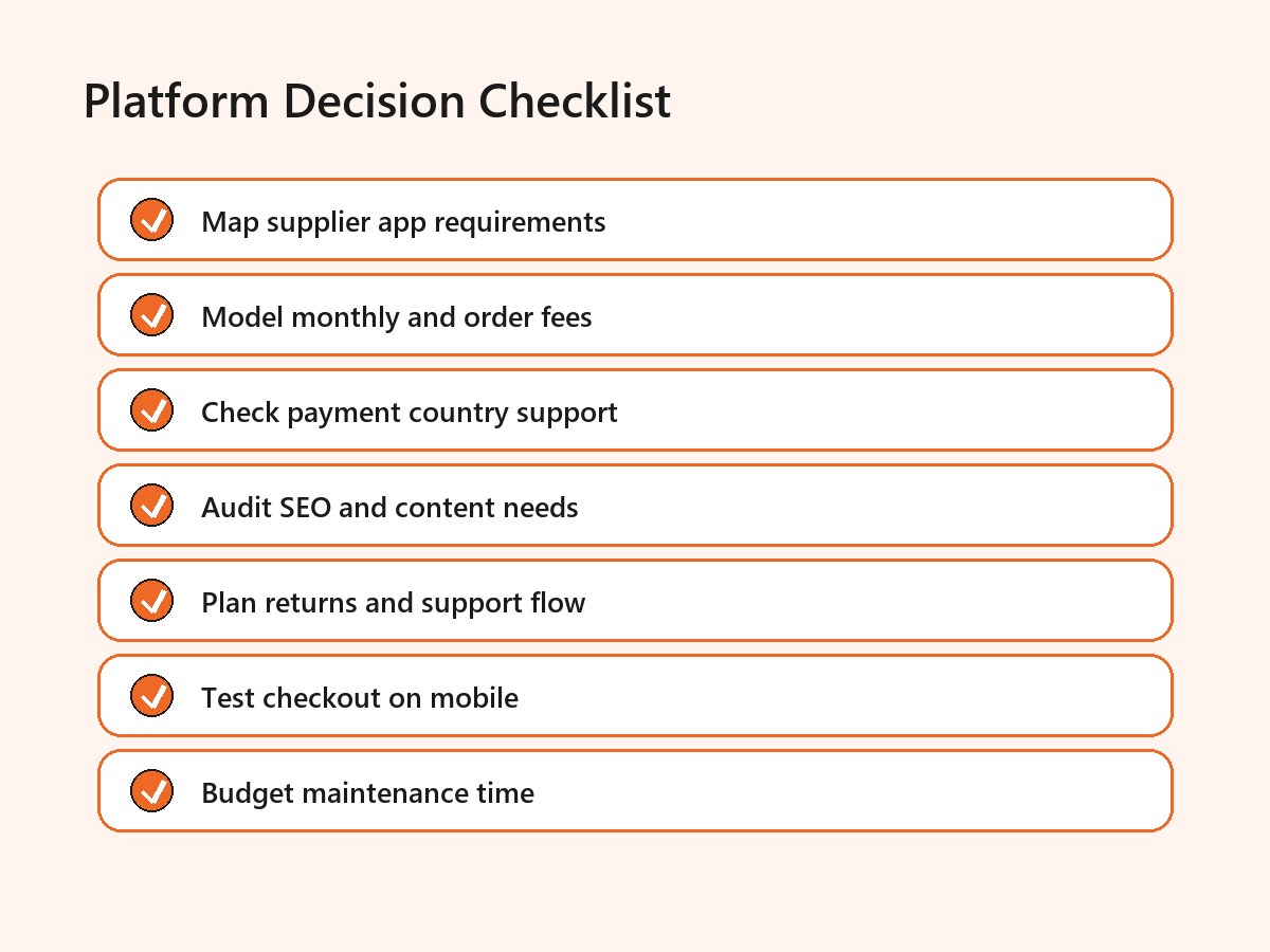 Checklist infographic for choosing Shopify or WooCommerce for a dropshipping sto Checklist infographic for choosing Shopify or WooCommerce for a dropshipping store.