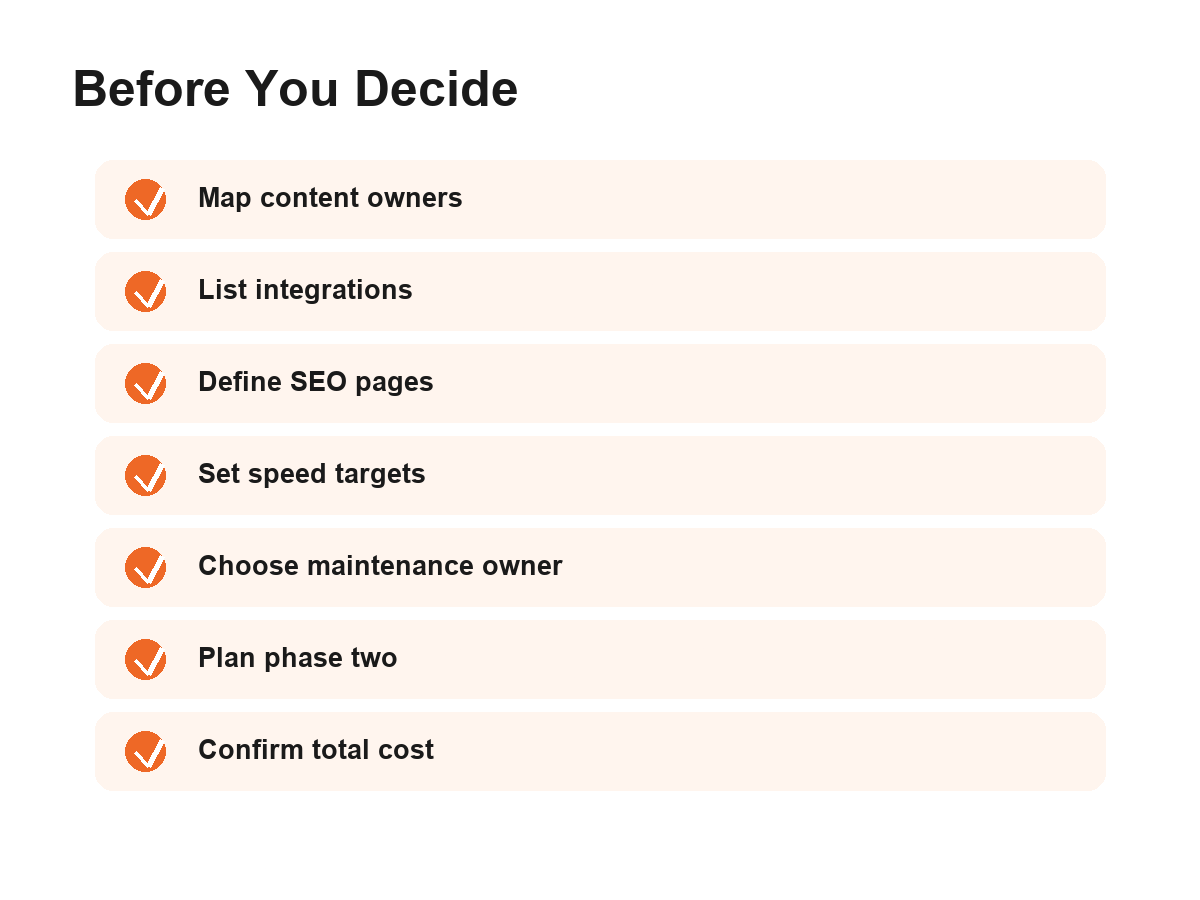 Checklist for choosing between WordPress, custom development, or a hybrid websit Checklist for choosing between WordPress, custom development, or a hybrid website build.