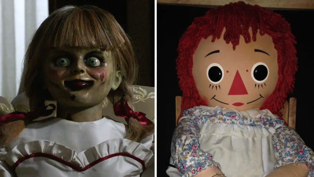 Side-by-side image of two Annabelle dolls: on the left, the creepy porcelain version from The Conjuring movies with pigtails and a white dress; on the right, the original Raggedy Ann-style doll with red yarn hair and a floral dress.