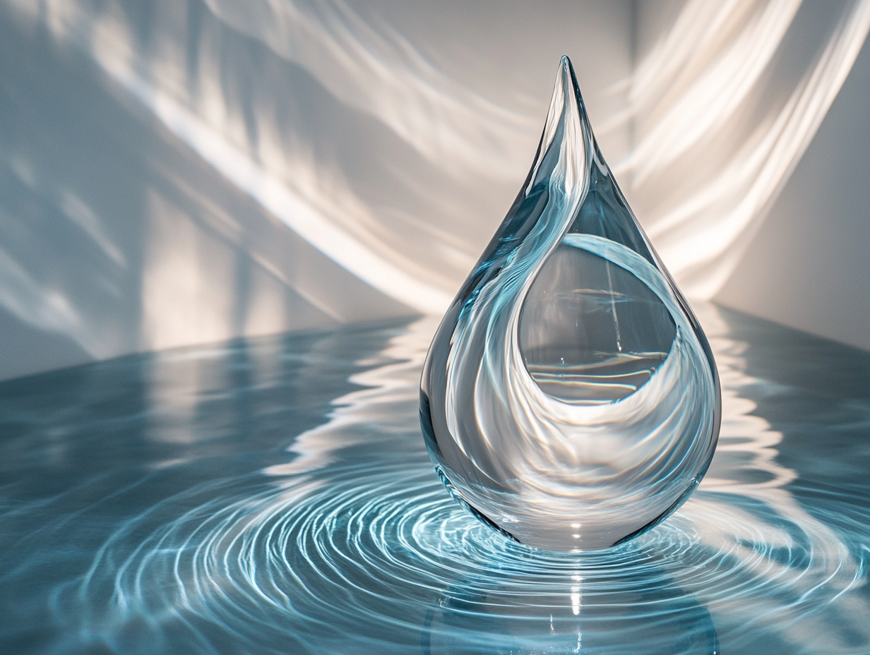 An elegant abstract water drop sculpture made of gleaming metal and glass, floating in a serene space with soft blue lighting and rippling reflections, creating a mesmerizing blend of luxury and fluidity