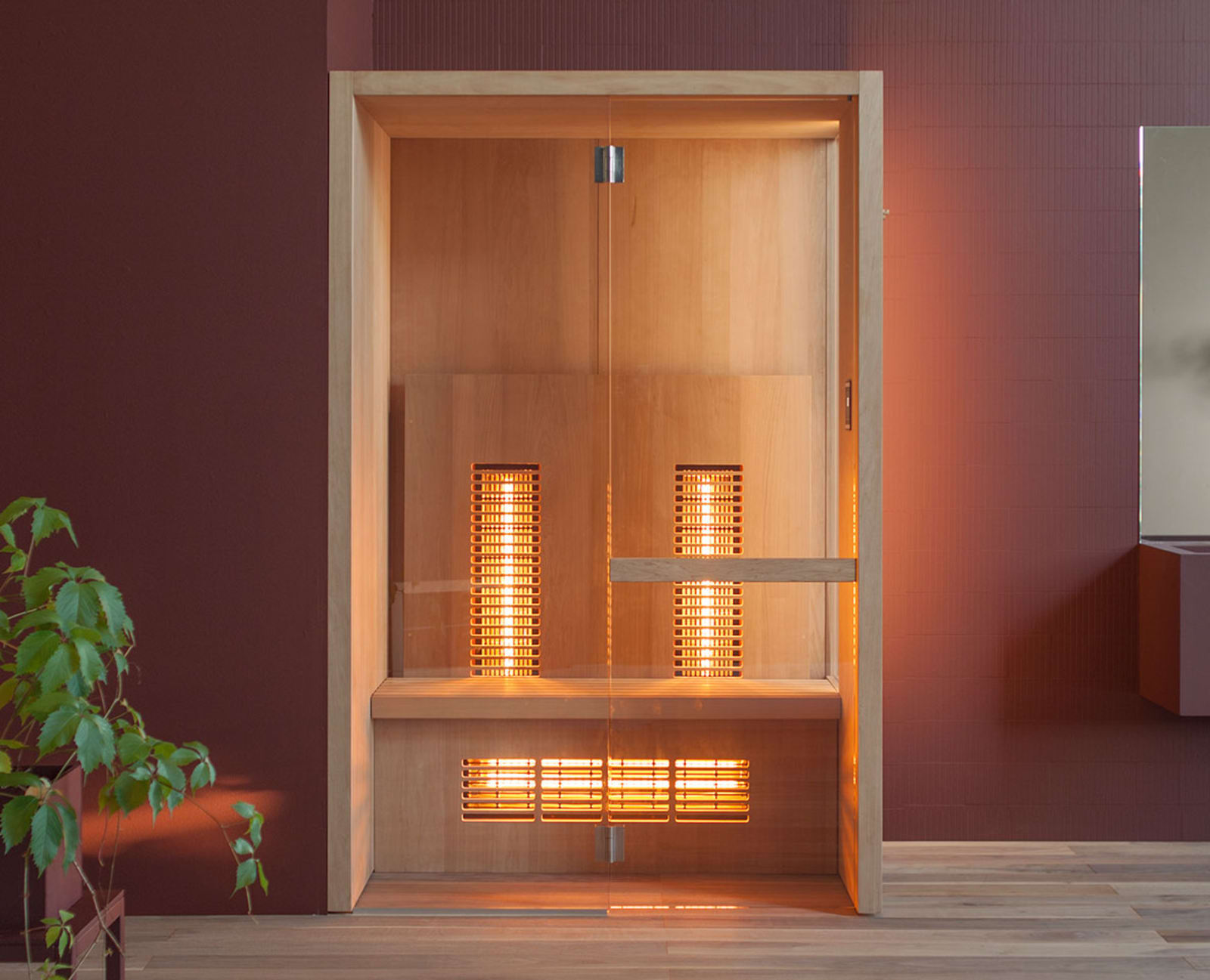 Wood sauna enclosure with benches