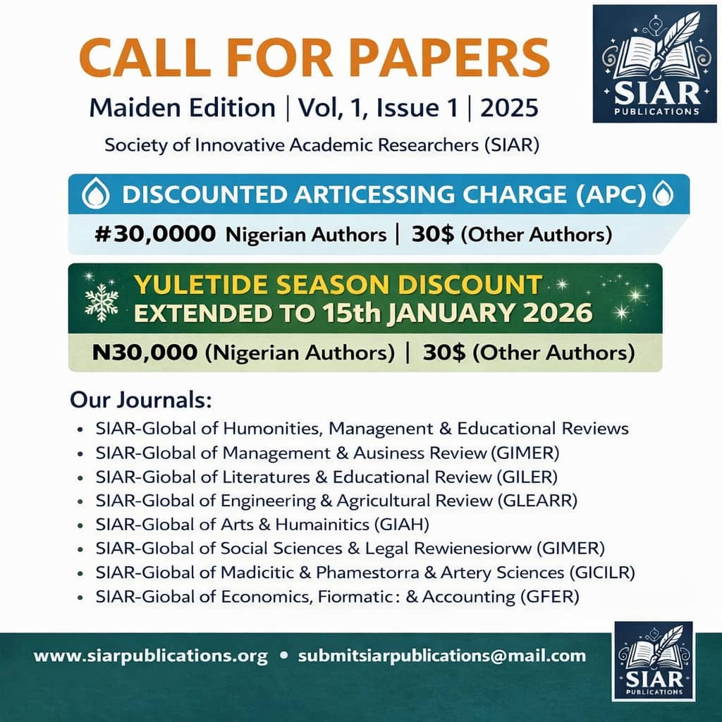 YULETIDE SEASON APC DISCOUNT EXTENDED TO 30th JANUARY for all SIAR Journals
