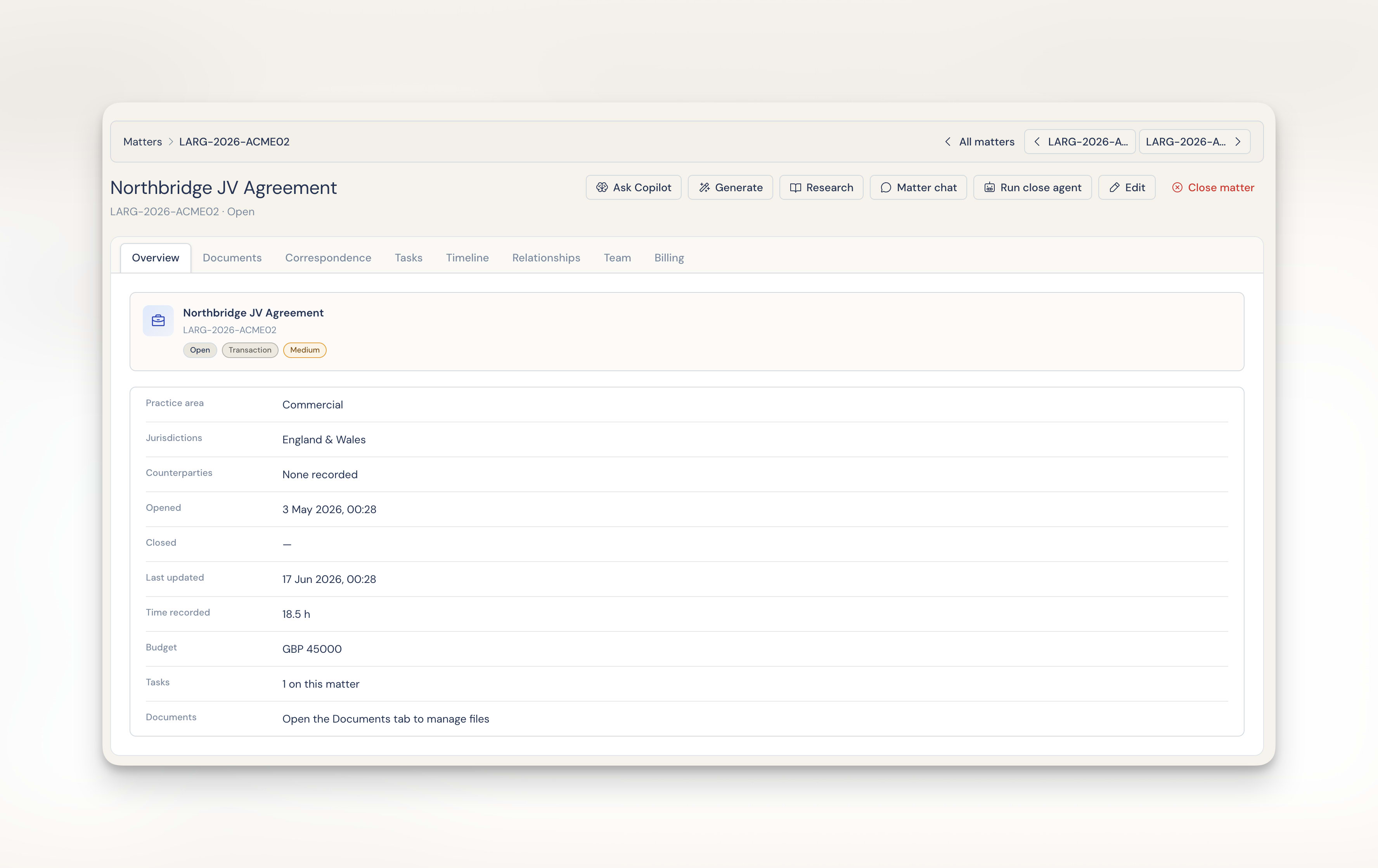 Largence Studio matter hub with overview, documents, and team panels