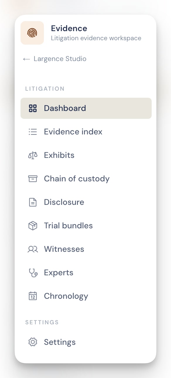 Largence Evidence trial bundle builder with exhibit reordering and Bates numbering