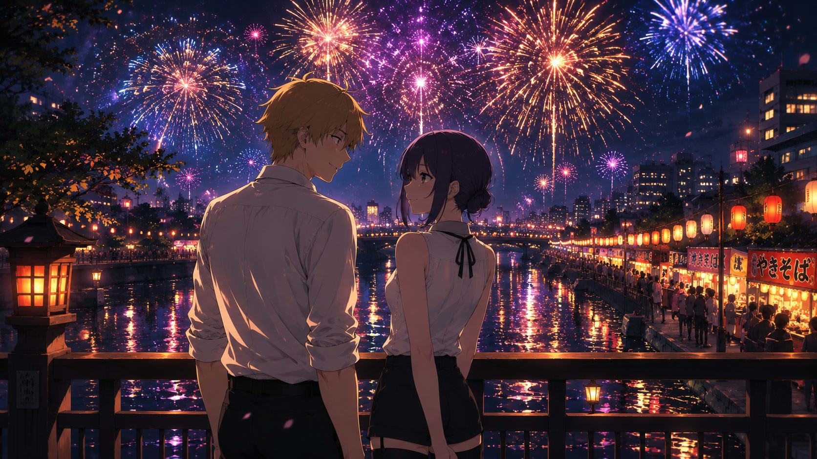 Denji & Reze Fireworks 4K Wallpaper | Chainsaw Man High Quality Wallpaper