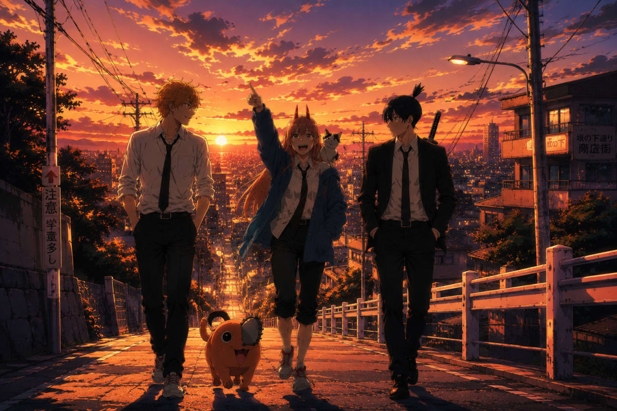 Denji ,Power & Aki Sunset 4K Wallpaper | Chainsaw Man High Quality Wallpaper