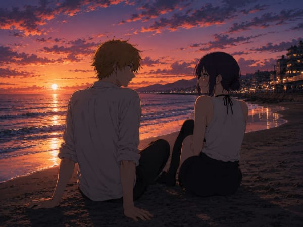Denji & Reze Beach Sunset 4K Wallpaper | Chainsaw Man High Quality Wallpaper