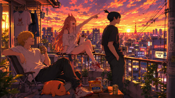 Chainsaw Man Rooftop Sunset 4K Anime Wallpaper | Denji, Power & Aki High Quality Wallpaper