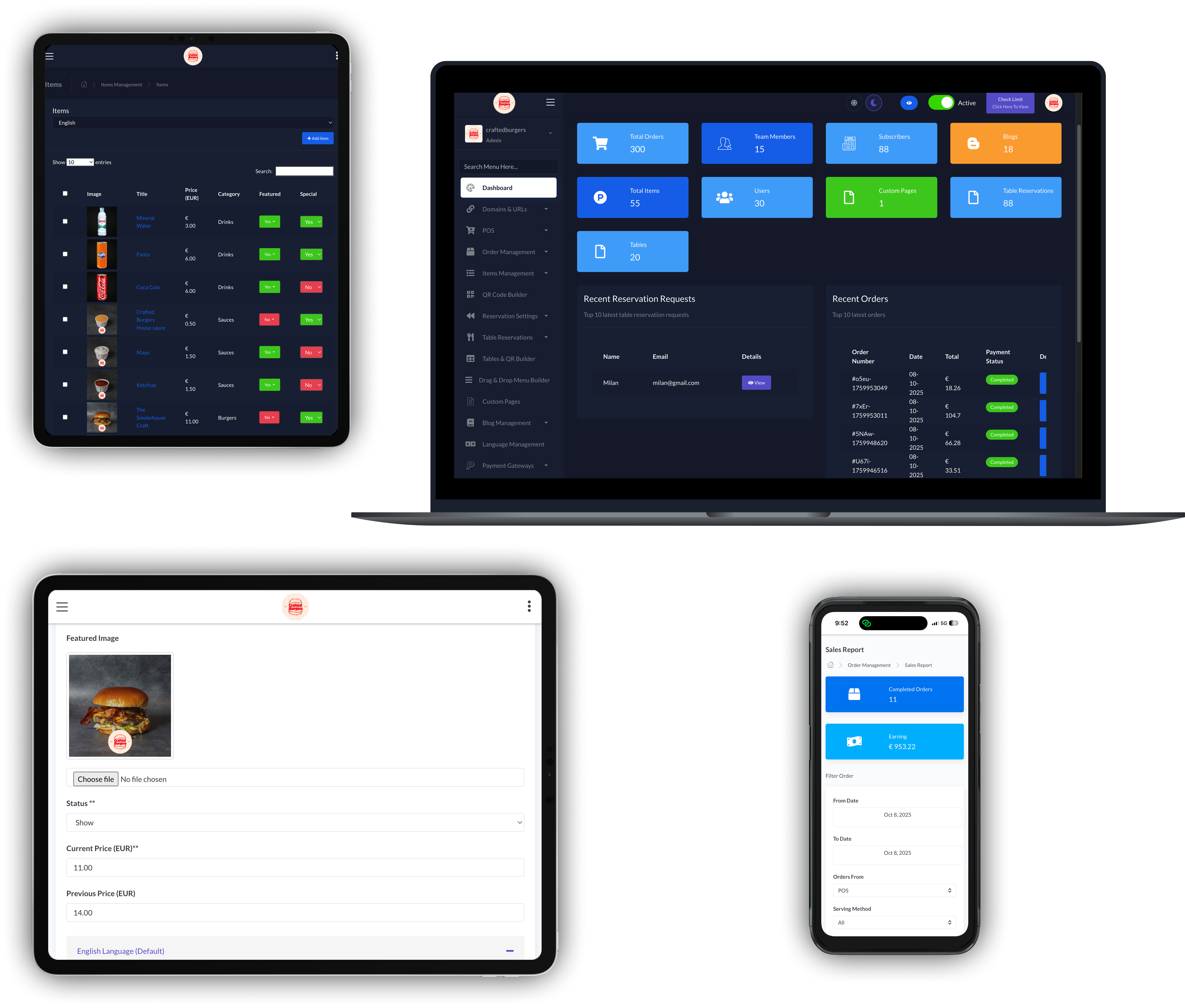 Jedan sustav za restorane prikazan na laptopu, tabletu i telefonu