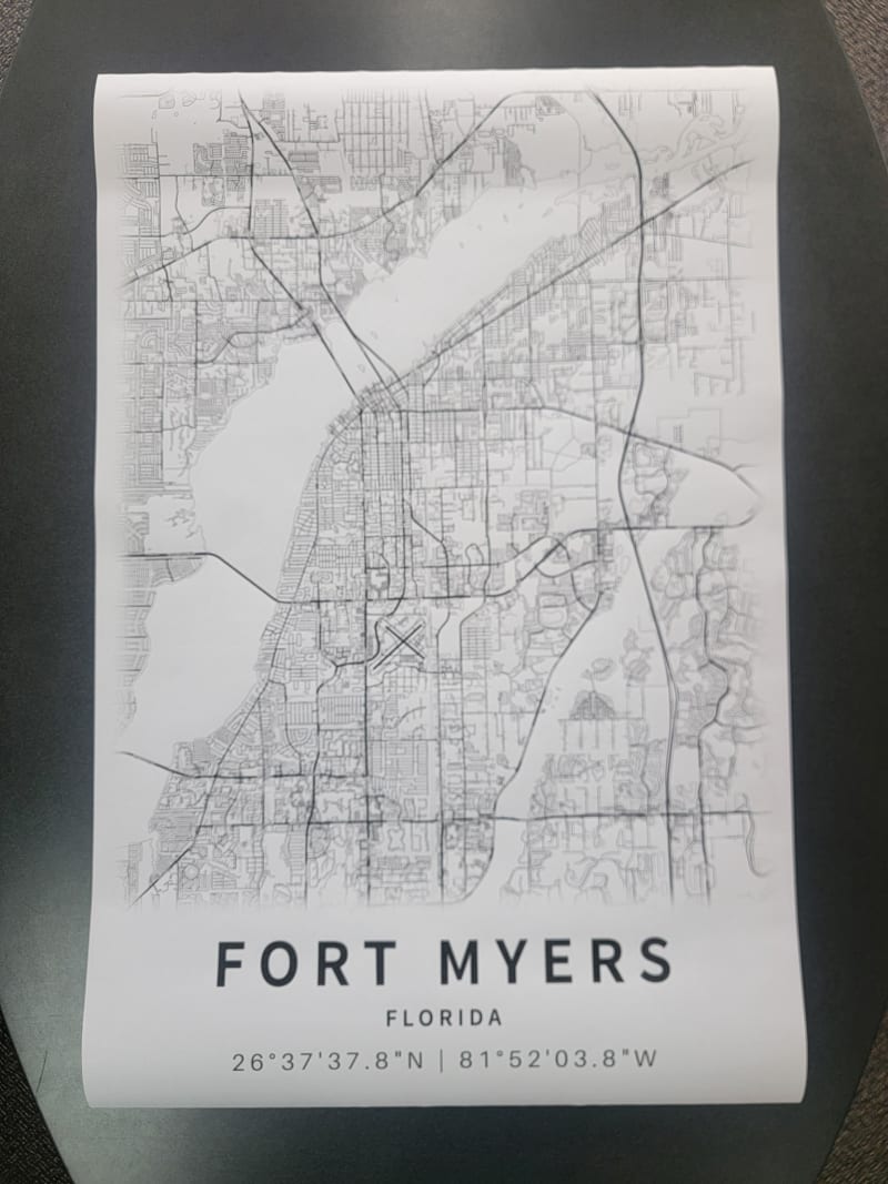 A street map of Fort Myers, Florida, printed in black and white on bond paper in the store
