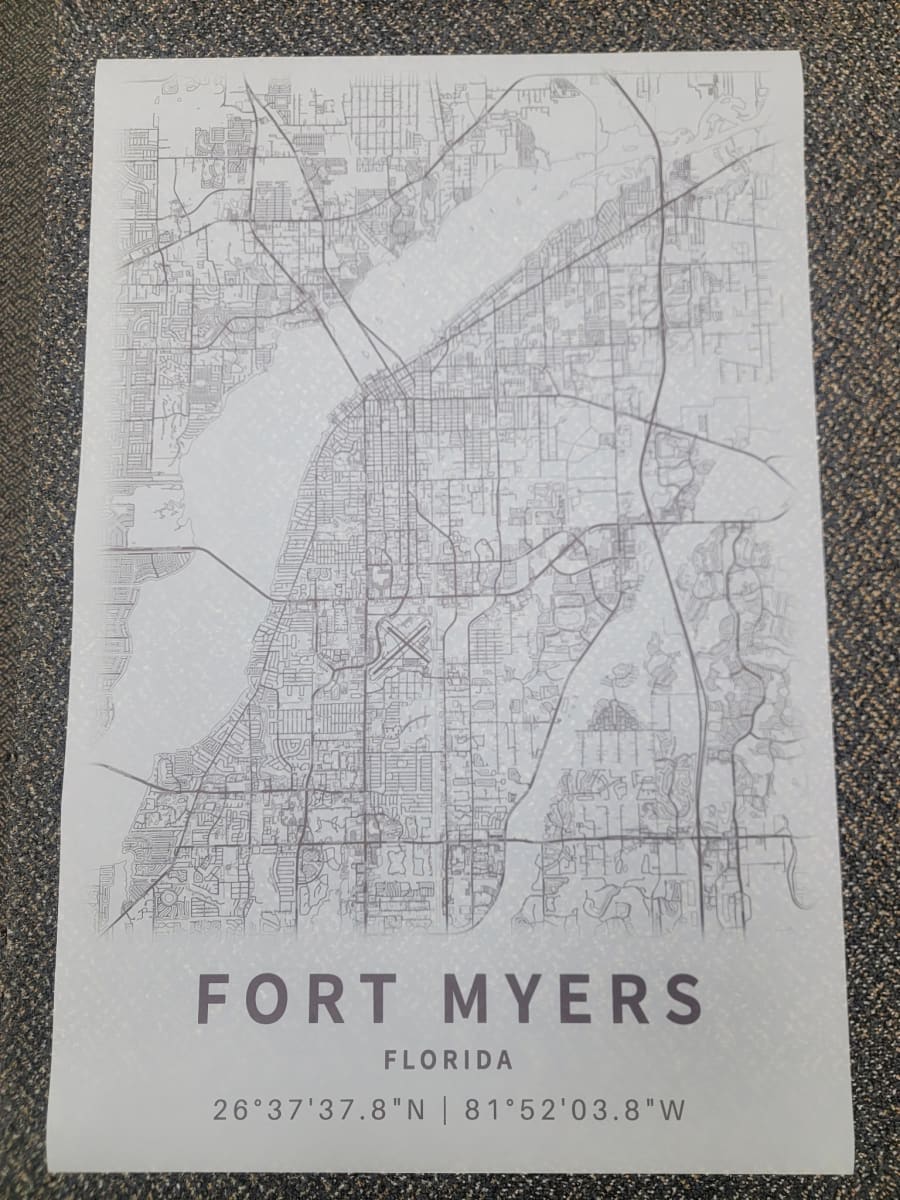 The same Fort Myers map drawing printed on 4 mil double-matte Mylar drafting film, showing the translucent grey cast of polyester film