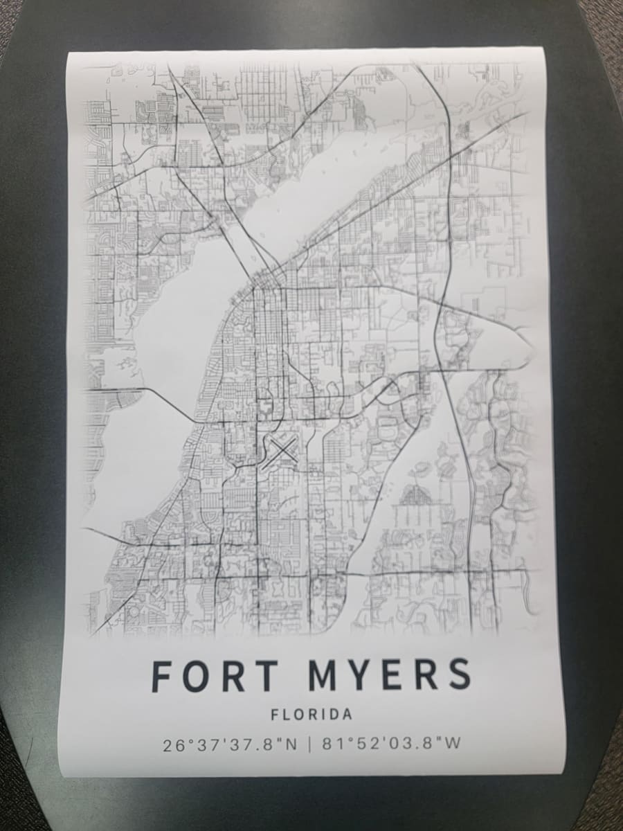 A Fort Myers map drawing printed on white bond paper, showing bright stock and dark linework