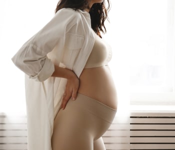 Silhouette Idéale Lors De L'attente De Bébé. Développement De La Grossesse  Par Mois. Femme Enceinte En Culotte Rose Et Soutien-gorge.