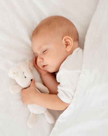 bebe dort dans son lit avec peluche dans la main