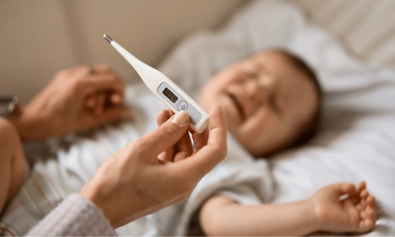 Une femme tient un thermomètre et on voit son bébé malade en fond de la photo.